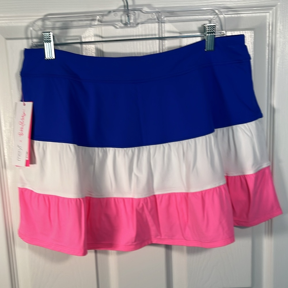 Lilly Pulitzer Blue and White Mini Skater Skirt with Tiered Design Athletic Wear - Picture 4 of 5